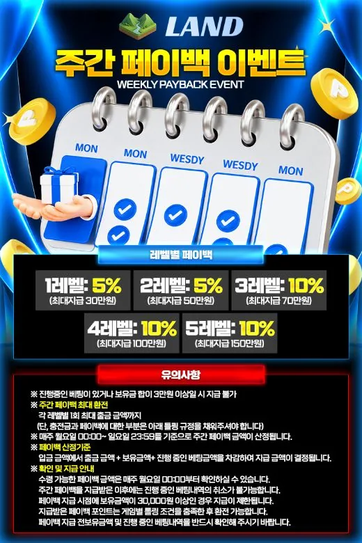 LAND 주간 페이백 이벤트 안내 이미지 - 레벨별 최대 10% 페이백